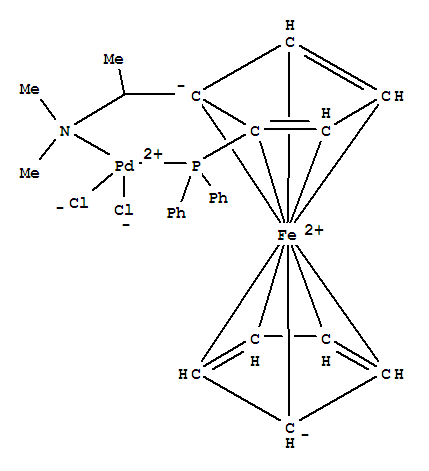 二氯[(S)-N,N-二甲基-1-[(R)-2-(二苯基膦基)二茂铁基]乙胺]钯(II)分子式结构图