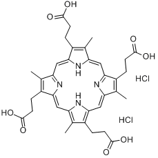 粪卟啉I二盐酸盐;3,8,13,18-四甲基-21H,23H-卟吩-2,7,12,17-四丙酸盐酸盐分子式结构图