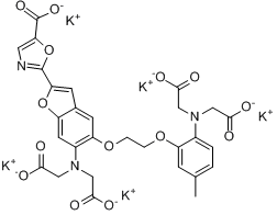2-[6-[双(羧甲基)氨基]-5-[2-[2-[双(羧甲基)氨基]-5-甲基苯氧基]乙氧基]-2-苯并呋喃基]-5-恶唑羧酸五钾盐分子式结构图