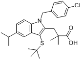 3-[1-(4-氯苄基)-3-叔丁基硫代-5-异丙基吲哚-2-基]-2,2-二甲基丙酸分子式结构图