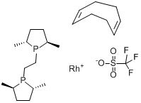 (+)-1,2-二[(2R,5R)-二甲基磷杂唑基桥磷杂唑基桥)乙烷(环辛二烯]铑(I)三氟甲磺酸分子式结构图
