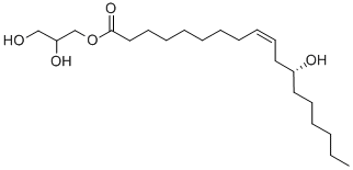 单蓖麻油酸甘油酯;R-(Z)-12-羟基-9-十八烯酸1,2,3-丙三醇酯;单蓖麻酸甘油酯;单蓖麻油酸甘油酯;甘油蓖麻醇酸分子式结构图