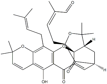 2-Butenal, 2-methyl-4-[3a,4,5,7-tetrahydro-8-hydroxy-3,3,11,11-tetramethyl-13-(3-methyl-2-butenyl)-7,15-dioxo-1,5-methano-1H,3H,11H-furo[3,4-g]pyrano[3,2-b]xanthen-1-yl]-, [1R-[1alpha,1(Z),3abeta,5alpha,14aS*]]-分子式结构图