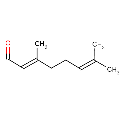 反式柠檬醛 = 反式-3,7-二甲基-2,6-辛二烯-1-醛分子式结构图