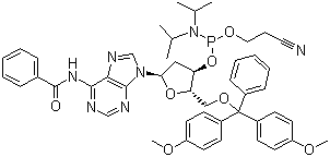 5'-O-(4,4'-二甲氧基三苯基)-N6-苯甲酰基-2'-脱氧腺苷-3'-(2-氰乙基-N,N-二异丙基)亚磷酰胺分子式结构图