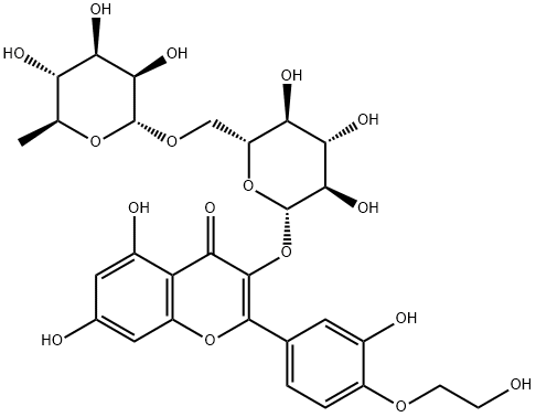 5,7-dihydroxy-2-[3-hydroxy-4-(2-hydroxyethoxy)phenyl]-3-[(2S,3R,4S,5S,6R)-3,4,5-trihydroxy-6-[[(2R,3R,4R,5R,6S)-3,4,5-trihydroxy-6-methyloxan-2-yl]oxymethyl]oxan-2-yl]oxychromen-4-one分子式结构图