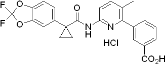 苯甲酸, 3-[6-[[[1-(2,2-二氟-1,3-苯并二氧杂环戊烷-5-基)环丙基]羰基]氨基]-3-甲基-2-吡啶基]-, 盐酸盐 (1:1)分子式结构图