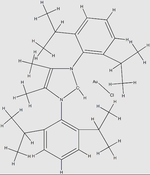 氯{1,3-双[2,6-双(1-甲基乙基)苯基] -1,3-二氢-4,5-二甲基-2H-咪唑-2-亚基}金(I)分子式结构图