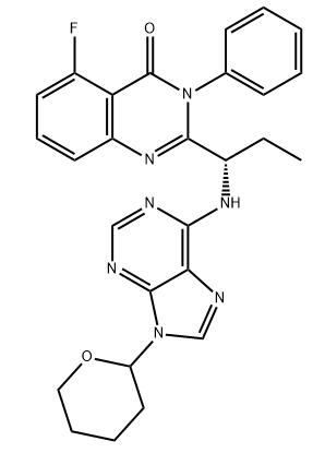 5-氟-3-苯基-2-[(1S)-1-[[9-(四氢-2H-吡喃-2-基)-9H-嘌呤-6-基]氨基]丙基]-4(3H)-喹唑啉酮分子式结构图