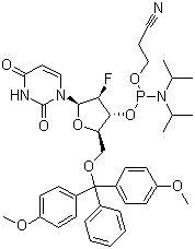 5'-O-(4,4-二甲氧基三苯甲基)-2'-脱氧-2'-氟尿苷-3'-(2-氰基乙基-N,N-二异丙基)亚磷酰胺分子式结构图