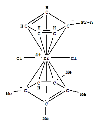 二氯[(1,2,3,4,5-h)-1-丙基-2,4-环戊二烯-1-基][(1,2,3,4,5-h)-1,2,3,4-四甲基-2,4-环戊二烯-1-基]-分子式结构图