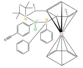 氯(4-氰基苯基)(R)-1-[(S)-2-(二苯基膦基)二茂铁]乙基(二叔丁基)膦镍(II)分子式结构图