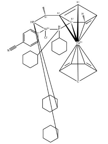 氯(4-氰基苯基)[(R)-1-[(S)-2-(二环己基膦基)二茂铁基]乙基二环己基膦]镍(II)分子式结构图