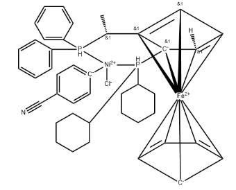 氯(4-氰基苯基)[(R)-1-[(S)-2-(二环己基膦基)二茂铁基]乙基二苯基膦]镍(II)分子式结构图