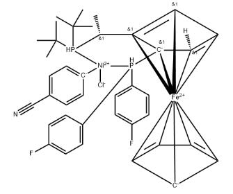 氯(4-氰基苯基)[(R)-1-[(S)-2-[双(4-氟苯基]膦基]二茂铁基]乙基二叔丁基膦]镍(II)分子式结构图