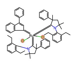 双(1-(2,6-二乙基苯基)-3,5,5-三甲基-3-苯基吡咯烷-2-亚基)(3-苯基-1H-茚-1-亚基)二氯化钌(II)分子式结构图