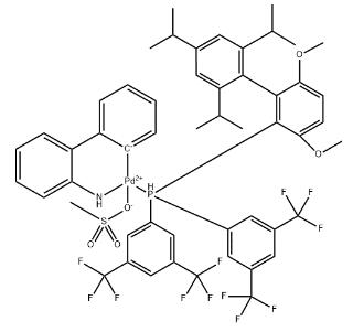 甲磺酸[1,2-双(3,5-二(三氟甲基)苯基膦基)-3,6-二甲氧基-2',4',6'-三异丙基-1,1'-联苯(2'-氨基-1,1'-联苯-2-基)钯(II)分子式结构图