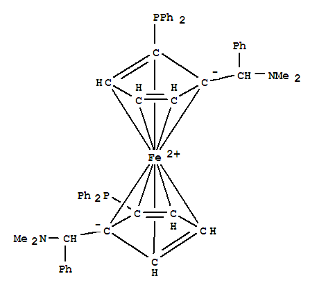 (S,S)-(-)-2,2'-双[(R)-(N,N-二甲胺基)(苯基)甲基]-1,1'-双(二苯基磷)二茂铁分子式结构图