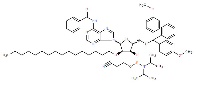 (2R,3R,4R,5R)-5-(6-苯甲酰氨基-9H-嘌呤-9-基)-2-((双(4-甲氧基苯基)(苯基)甲氧基)甲基)-4-(十六烷氧基)四氢呋喃-3-基 (2-氰乙基)二异丙基亚磷酰胺分子式结构图