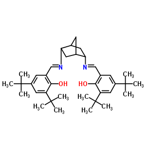 2,4-二叔丁基-6-[(E)-[5-[(E)-(3,5-二叔丁基-2-羟基苯基)亚甲基氨基]降冰片聚糖-2-基]亚氨基甲基]苯酚分子式结构图