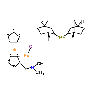 氯化(二-2-降冰片聚膦)(2-二甲基氨甲基二茂铁-1-基)钯(Ⅱ)分子式结构图