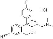 4-[4-(二甲氨基)-1-(4-氟苯基)-1-羟丁基]-3-羟甲基苯腈盐酸盐分子式结构图