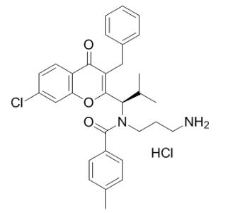 N-(3-氨基丙基)-N-[(1R)-1-[7-氯-4-氧代-3-(苯基甲基)-4H-1-苯并吡喃-2-基]-2-甲基丙基]-4-甲基苯甲酰胺盐酸盐分子式结构图