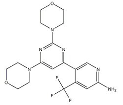 5-[2,6-二(4-吗啉基)-4-嘧啶基]-4-(三氟甲基)-2-吡啶胺分子式结构图