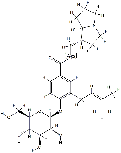 4-(β-D-Glucopyranosyloxy)-3-(3-methyl-2-butenyl)benzoic acid [(4S,5R)-1-azabicyclo[3.3.0]octan-4-yl]methyl ester分子式结构图