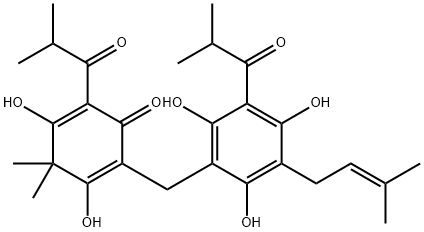 3,5-Dihydroxy-4,4-dimethyl-2-(1-oxoisobutyl)-6-[[5-(1-oxoisobutyl)-3-(3-methyl-2-butenyl)-2,4,6-trihydroxyphenyl]methyl]-2,5-cyclohexadiene-1-one分子式结构图