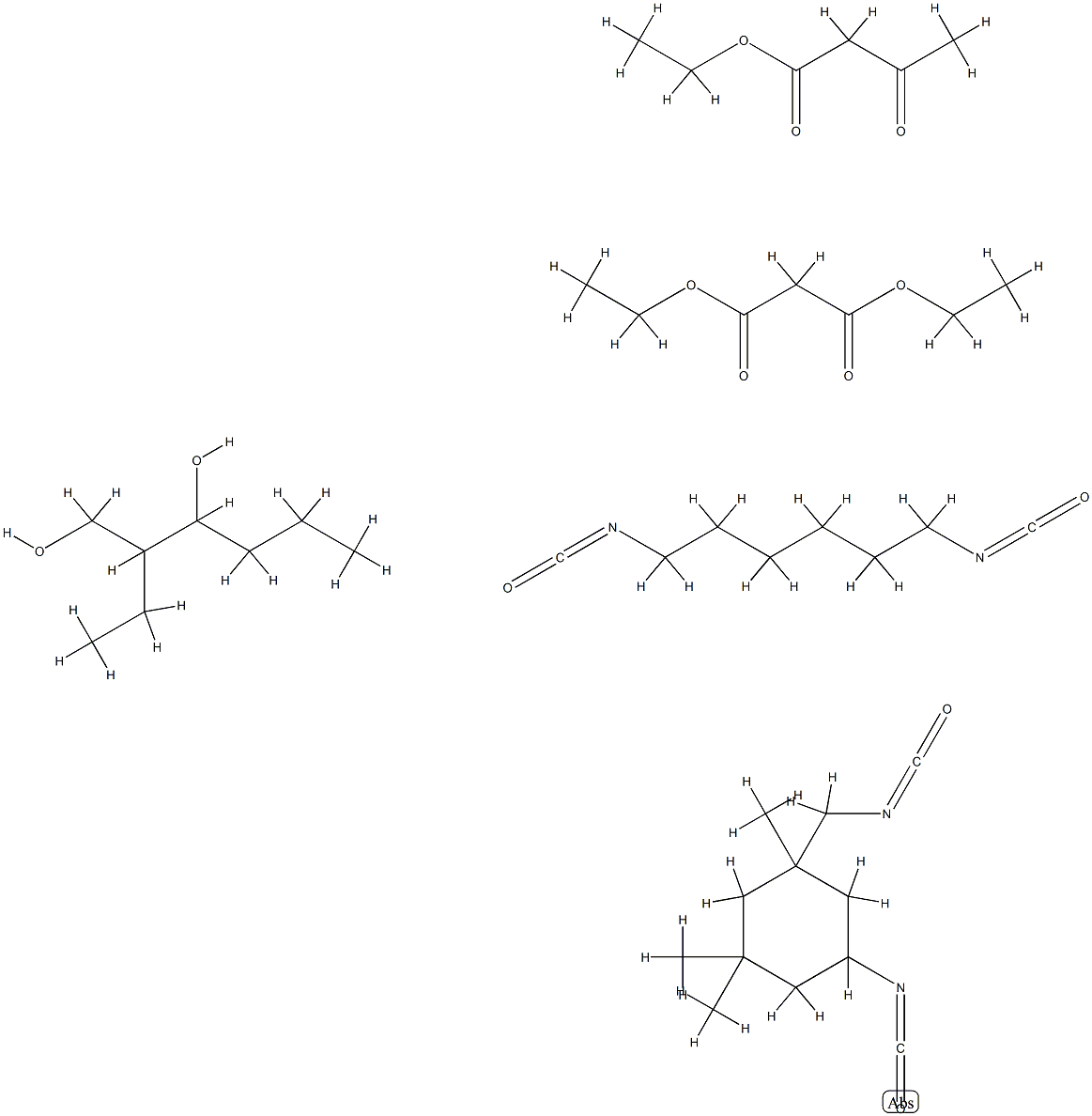 Propanedioic acid, diethyl ester, reaction products with 1,6-diisocyanatohexane homopolymer, ethyl acetoacetate, 2-ethyl-1,3-hexanediol and 5-isocyanato-1-(isocyanatomethyl) -1,3,3-trimethylcyclohexane homopolymer分子式结构图