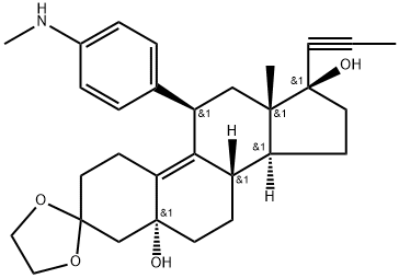 Estr-9-en-3-one, 5,17-dihydroxy-11-[4-(methylamino)phenyl]-17-(1-propynyl)-, cyclic 1,2-ethanediyl acetal, (5α,11β,17β)- (9CI)分子式结构图