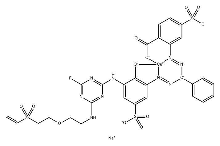 Cuprate(3-), 2-3-4-2-2-(ethenylsulfonyl)ethoxyethylamino-6-fluoro-1,3,5-triazin-2-ylamino-2-(hydroxy-.kappa.O)-5-sulfophenylazo-.kappa.N2phenylmethylazo-.kappa.N1-4-sulfobenzoato(5-)-.kappa.O-, trisodium分子式结构图