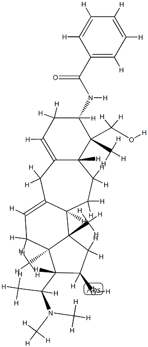 N-[(20S)-20-(Dimethylamino)-16α-hydroxy-4β-hydroxymethyl-4,14-dimethyl-B(9a)-homo-19-nor-5α-pregna-1(10),9(11)-dien-3β-yl]benzamide分子式结构图