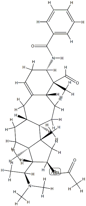 N-[(20S)-16α-Acetyloxy-20-(dimethylamino)-4β-formyl-4,14-dimethyl-9a-homo-19-nor-5α-pregn-1(10)-en-3β-yl]benzamide分子式结构图