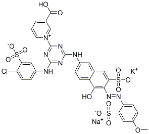 3-Carboxy-1-[4-[(4-chloro-3-sulfophenyl)amino]-6-[[5-hydroxy-6-[(4-methoxy-2 -sulfophenyl)azo]-7-sulfo-2-naphthalenyl]amino]-1,3,5-triazin-2-yl]-pyridinium, inner salt, potassium sodium salt分子式结构图