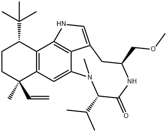 (4S,7S,10R,13R)-10-Ethenyl-1,3,4,5,7,8,10,11,12,13-decahydro-4-(methoxymethyl)-8,10-dimethyl-7-(1-methylethyl)-13-(tert-butyl)-6H-benzo[g][1,4]diazonino[7,6,5-cd]indol-6-one分子式结构图