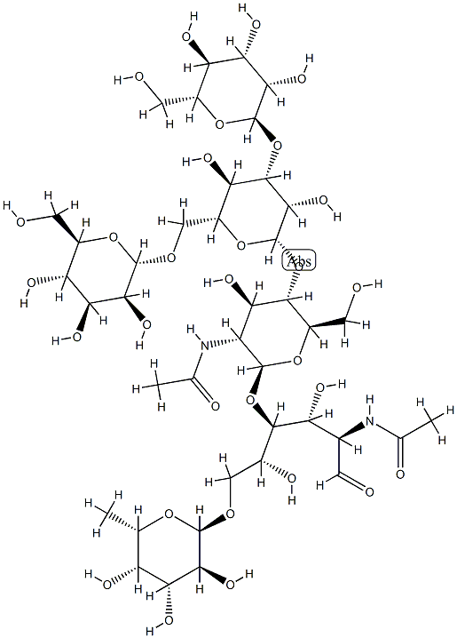 O-6-脱氧-ALPHA-L-吡喃半乳糖基-(1-6)-O-[O-ALPHA-D-甘露糖基-(1-3)-O-[ALPHA-D-甘露糖基-(1-6)]-O-BETA-D-甘露糖基-(1-4)-2-(乙酰氨基)-2-脱氧-BETA-D-吡喃葡萄糖基-(1-4)]-2-(乙酰氨基)-2-脱氧-D-葡萄糖分子式结构图