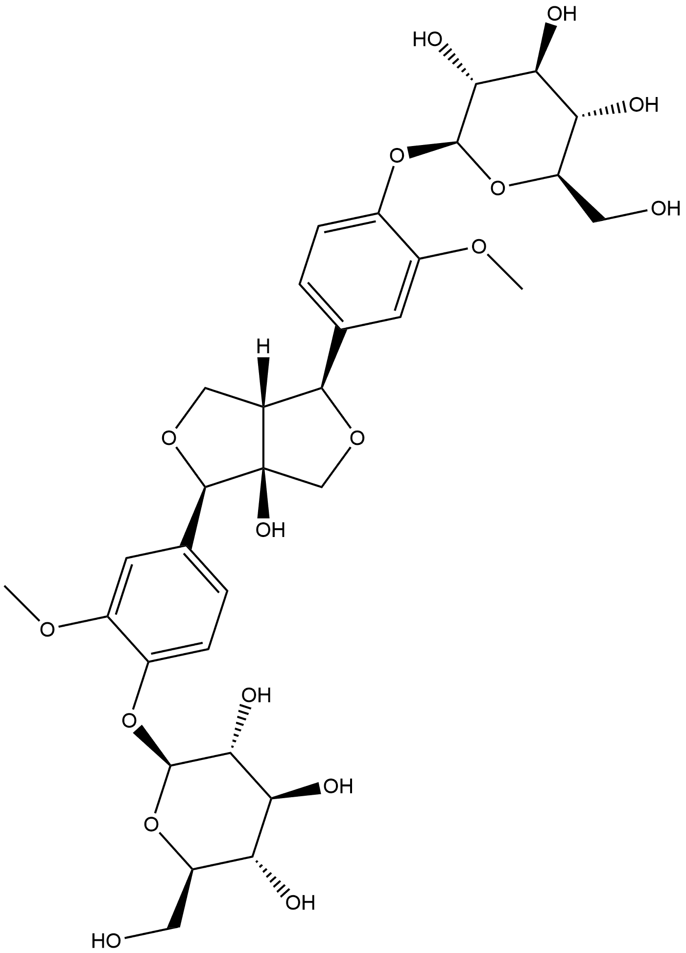 β-D-Glucopyranoside, [[(3R,3aS,6S,6aR)-tetrahydro-3a-hydroxy-1H,3H-furo[3,4-c]furan-3,6-diyl]bis(2-methoxy-4,1-phenylene)]bis分子式结构图