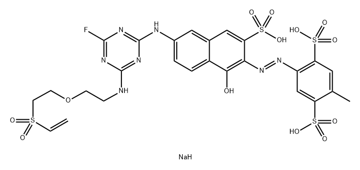 1,4-Benzenedisulfonic acid, 2-6-4-2-2-(ethenylsulfonyl)ethoxyethylamino-6-fluoro-1,3,5-triazin-2-ylamino-1-hydroxy-3-sulfo-2-naphthalenylazo-5-methyl-, trisodium salt分子式结构图