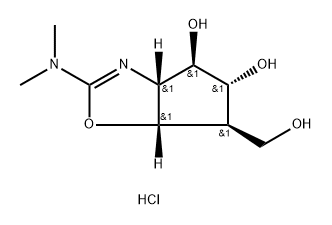 4H-Cyclopentoxazole-4,5-diol, 2-(dimethylamino)-3a,5,6,6a-tetrahydro-6-(hydroxymethyl)-, monohydrochloride, 3aR-(3a.alpha.,4.alpha.,5.beta.,6.alpha.,6a.alpha.)-分子式结构图