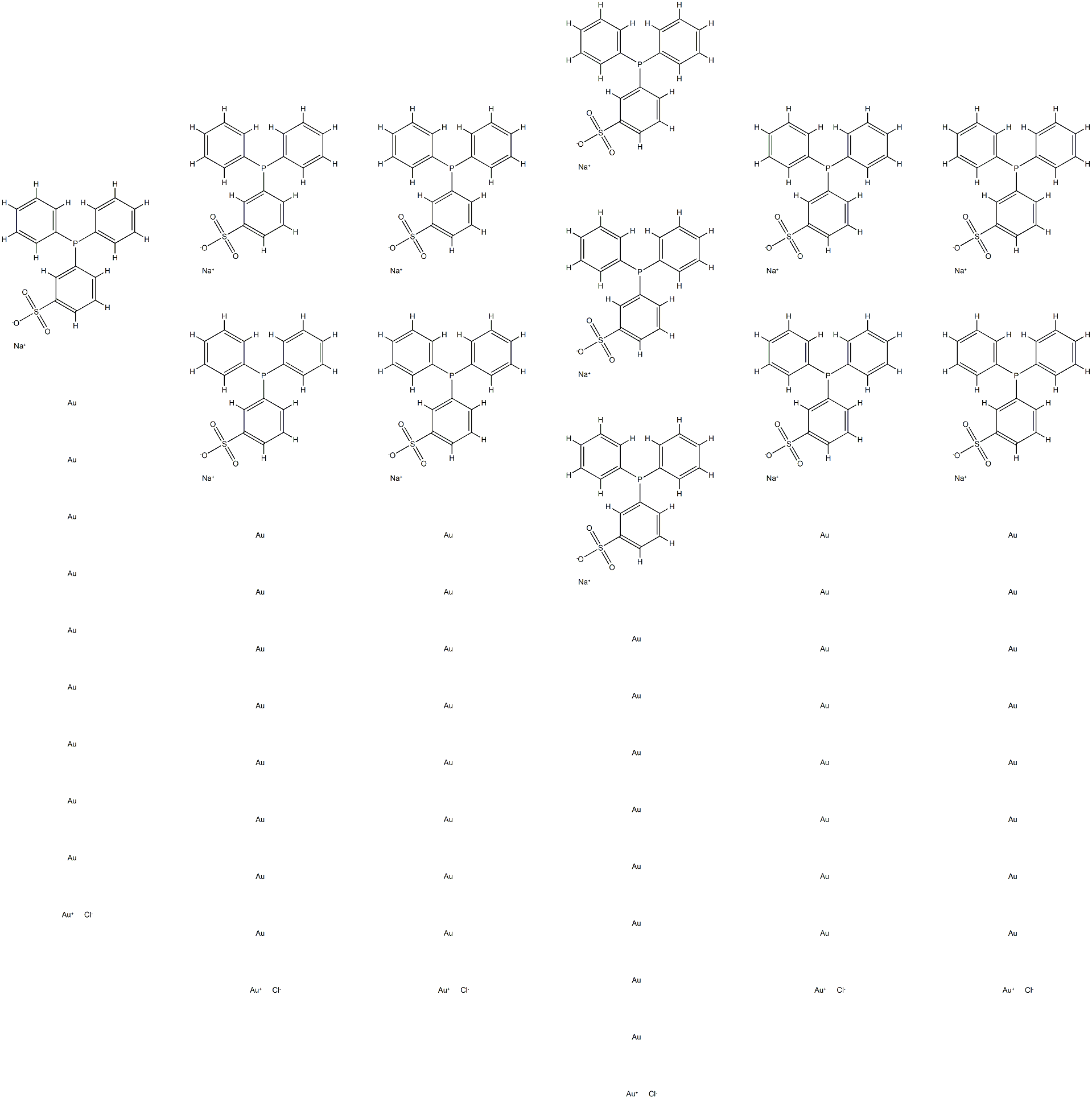 六氯十二[二苯基(间-硫苯基)膦] 金55,十二钠盐(水溶性)分子式结构图