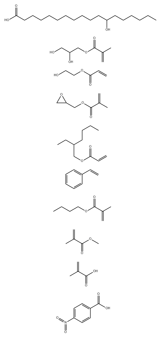 Octadecanoic acid, 12-hydroxy-, homopolymer, 2-hydroxy-3-[(2-methyl-1-oxo-2-propenyl)oxy]propyl ester, polymer with butyl 2-methyl-2-propenoate, ethenylbenzene, 2-ethylhexyl 2-propenoate, 2-hydroxyethyl 2-propenoate, methyl 2-methyl-2-propenoate, 2-methyl分子式结构图