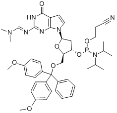 5'-O-(4,4'-DIMETHOXYTRITYL)-N2-DIMETHYLAMINOMETHYLENE-7-DEAZA-2'-DEOXYGUANOSINE, 3'-[(2-CYANOETHYL)-(N,N-DIISOPROPYL)]PHOSPHORAMIDITE分子式结构图