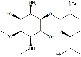 6-Amino-3,6-dideoxy-5-O-(2,6-diamino-2,3,4,6,7-pentadeoxy-β-L-lyxo-heptopyranosyl)-2-O-methyl-3-(methylamino)-D-myo-inositol分子式结构图