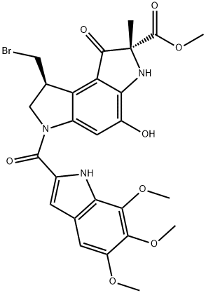 Benzo1,2-b:4,3-bdipyrrole-2-carboxylic acid, 8-(bromomethyl)-1,2,3,6,7,8-hexahydro-4-hydroxy-2-methyl-1-oxo-6-(5,6,7-trimethoxy-1H-indol-2-yl)carbonyl-, methyl ester, (2R,8S)-分子式结构图