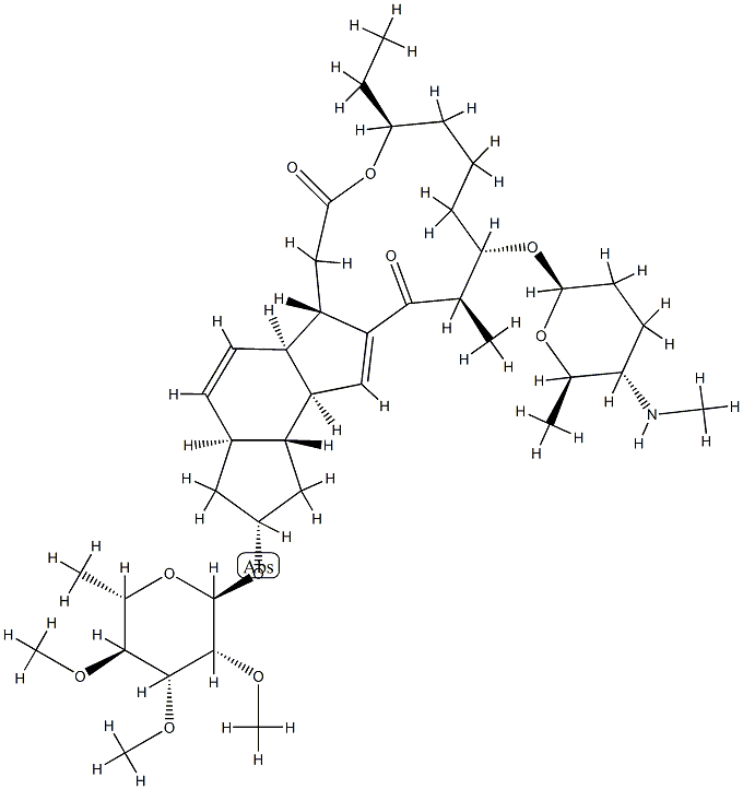 1H-as-Indaceno3,2-doxacyclododecin-7,15-dione, 2-(6-deoxy-2,3,4-tri-O-methyl-.alpha.-L-mannopyranosyl)oxy-9-ethyl-2,3,3a,5a,5b,6,9,10,11,12,13,14,16a,16b-tetradecahydro-14-methyl-13-(2R,5S,6R)-tetrahydro-6-methyl-5-(methylamino)-2H-pyran-2-yloxy-, (2R,3aS分子式结构图