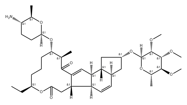 1H-as-Indaceno3,2-doxacyclododecin-7,15-dione, 13-(2R,5S,6R)-5-aminotetrahydro-6-methyl-2H-pyran-2-yloxy-2-(6-deoxy-2,3,4-tri-O-methyl-.alpha.-L-mannopyranosyl)oxy-9-ethyl-2,3,3a,5a,5b,6,9,10,11,12,13,14,16a,16b-tetradecahydro-14-methyl-, (2R,3aS,5aR,5bS,分子式结构图