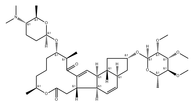 1H-as-Indaceno3,2-doxacyclododecin-7,15-dione, 2-(6-deoxy-2,3,4-tri-O-methyl-.alpha.-L-mannopyranosyl)oxy-13-(2R,5S,6R)-5-(dimethylamino)tetrahydro-6-methyl-2H-pyran-2-yloxy-2,3,3a,5a,5b,6,9,10,11,12,13,14,16a,16b-tetradecahydro-9,14-dimethyl-, (2R,3aS,5a分子式结构图