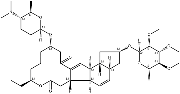 1H-as-Indaceno3,2-doxacyclododecin-7,15-dione, 2-(6-deoxy-2,3,4-tri-O-methyl-.alpha.-L-mannopyranosyl)oxy-13-(2R,5S,6R)-5-(dimethylamino)tetrahydro-6-methyl-2H-pyran-2-yloxy-9-ethyl-2,3,3a,5a,5b,6,9,10,11,12,13,14,16a,16b-tetradecahydro-, (2R,3aS,5aR,5bS,分子式结构图